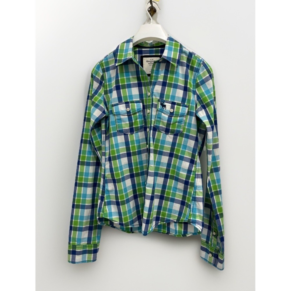 Abercrombie & Fitch Boys Button Up Shirt Green Plaid Long Sleeve Western XS